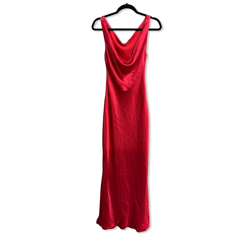 Norma Kamali Deep Drape Neck Gown Tiger Red satin Maxi Dress AS IS Revolve S - Picture 6 of 11